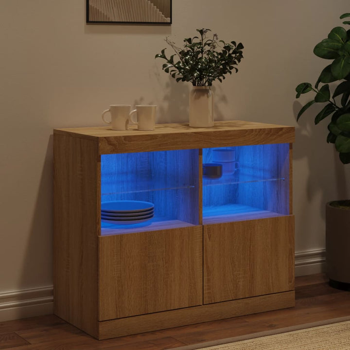 skænk med LED-lys 81x37x67 cm sonoma-eg