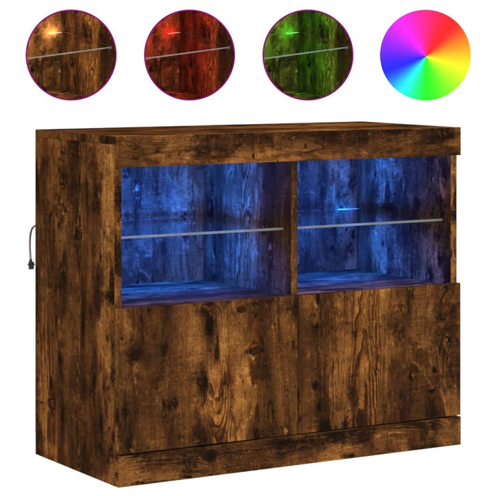 skænk med LED-lys 81x37x67 cm røget egetræsfarve