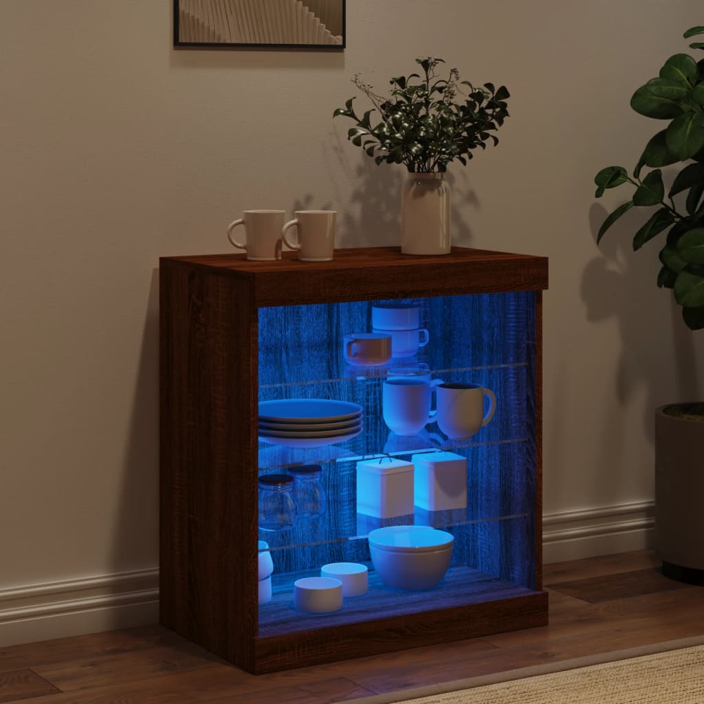 skænk med LED-lys 60,5x37x67 cm brun egetræsfarve