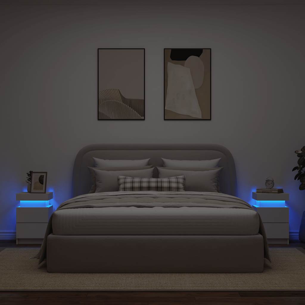 sengeborde 2 stk. med LED-lys 35x39x55 cm hvid