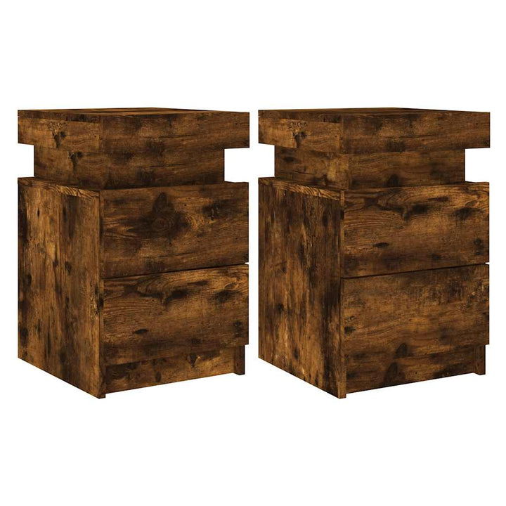 sengeborde 2 stk. med LED-lys 35x39x55 cm røget egetræsfarve