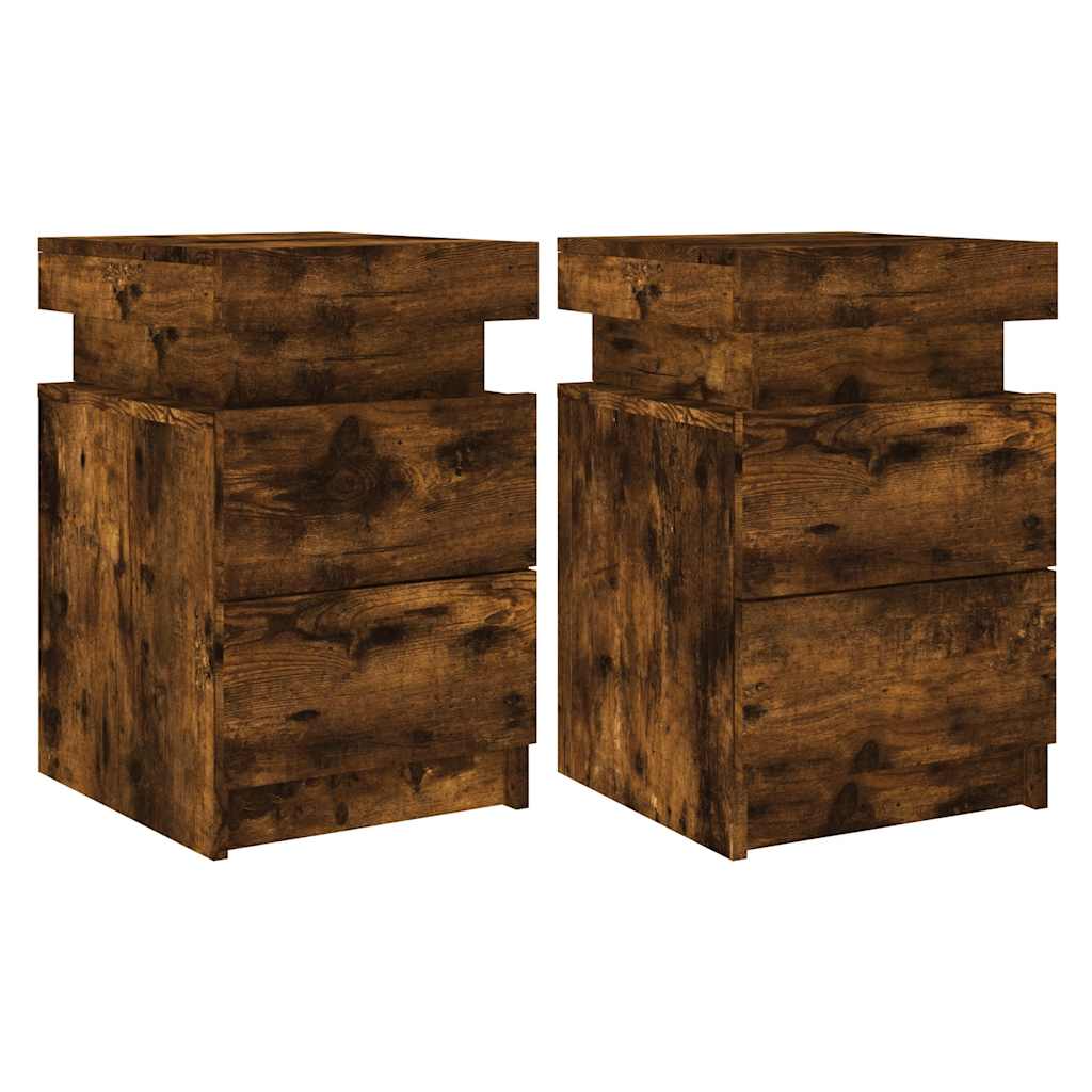 sengeborde 2 stk. med LED-lys 35x39x55 cm røget egetræsfarve
