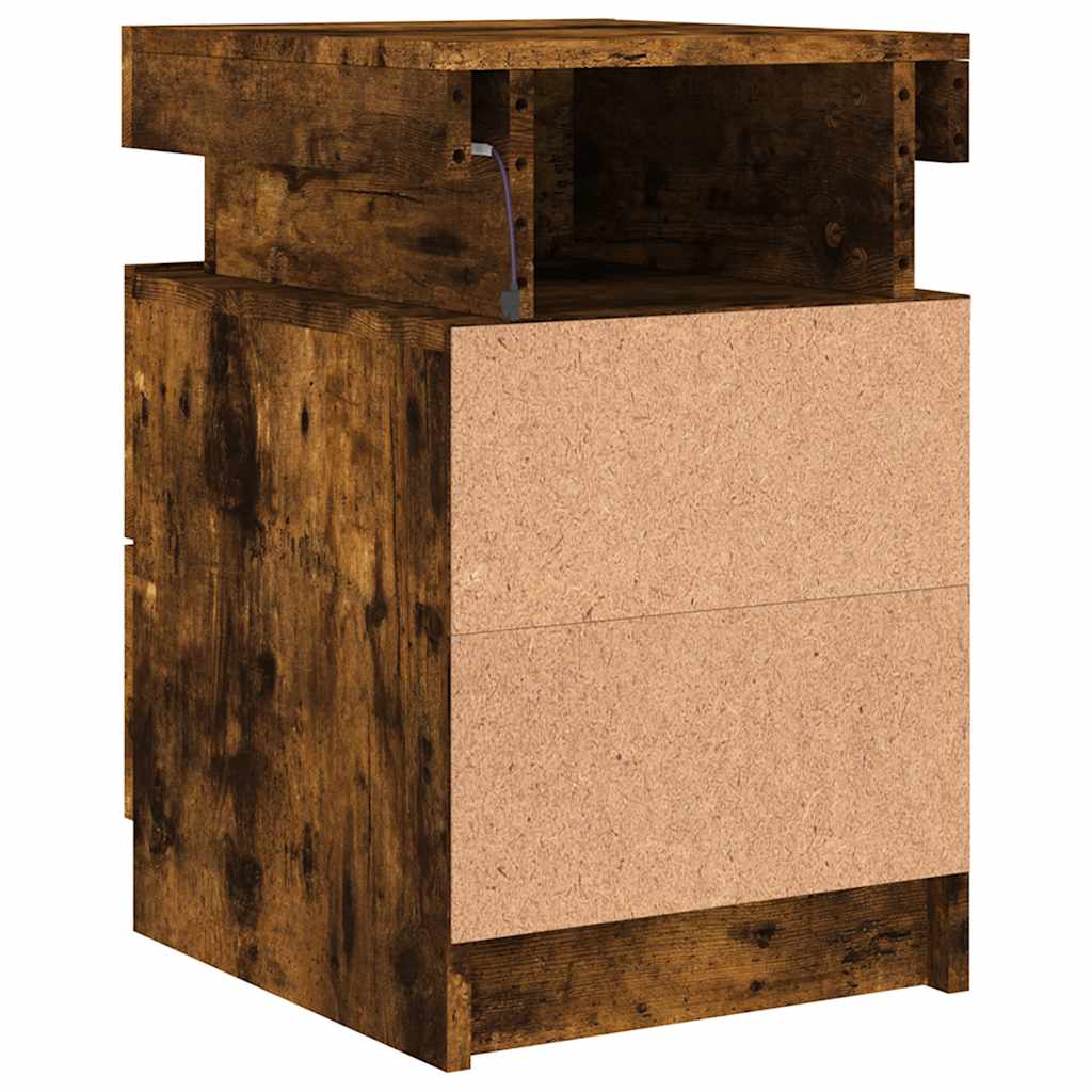sengeborde 2 stk. med LED-lys 35x39x55 cm røget egetræsfarve