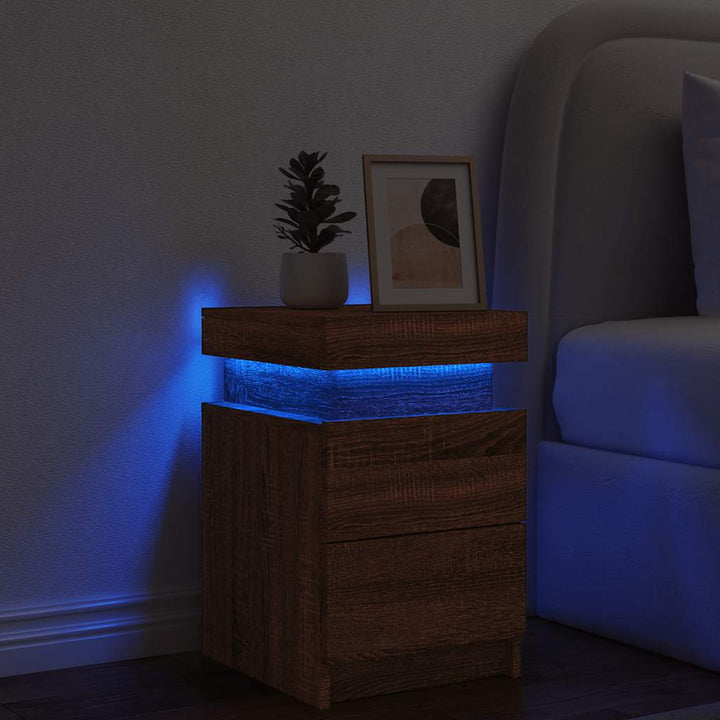 sengebord med LED-lys 35x39x55 cm brun egetræsfarve