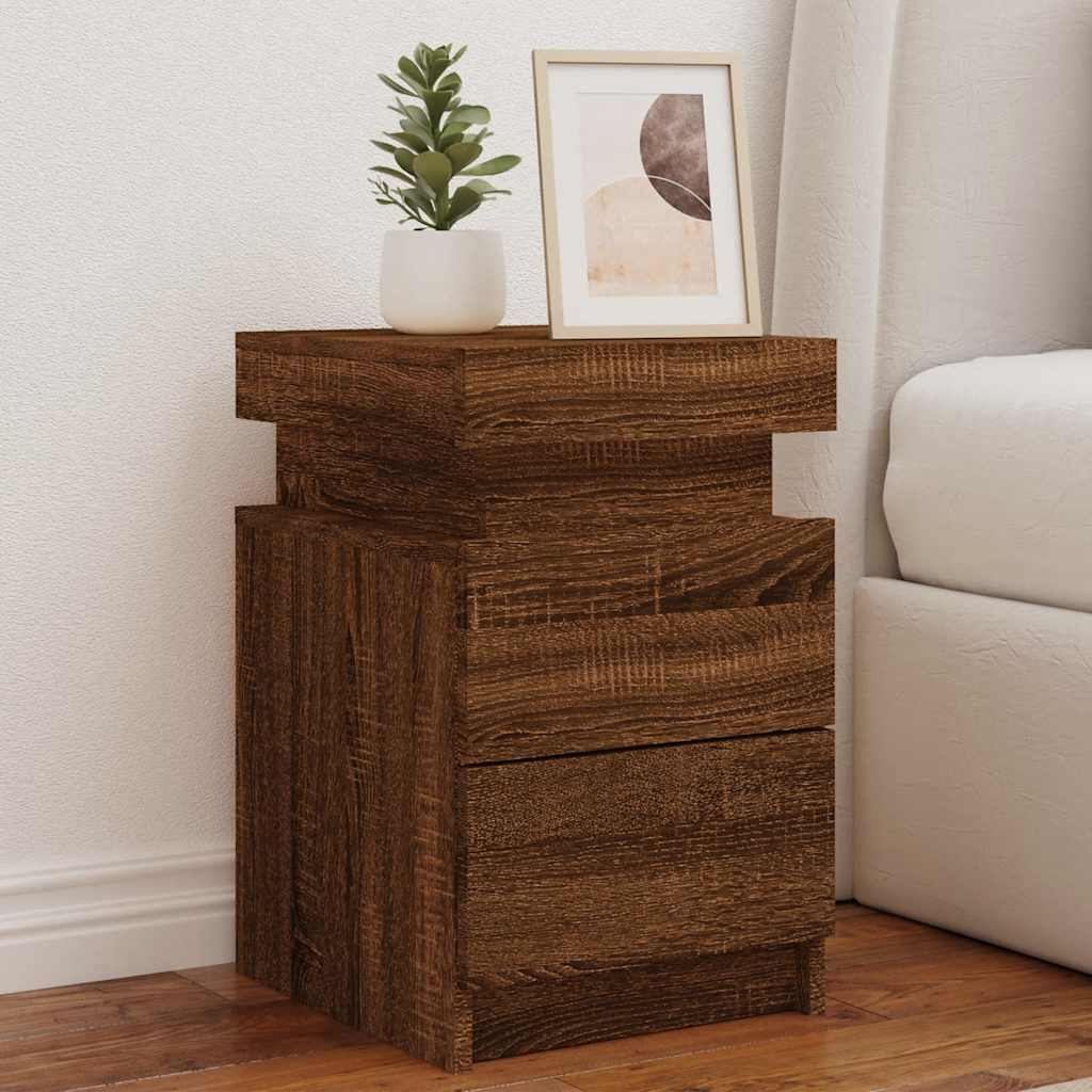 sengebord med LED-lys 35x39x55 cm brun egetræsfarve