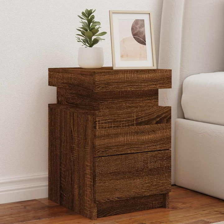 sengebord med LED-lys 35x39x55 cm brun egetræsfarve