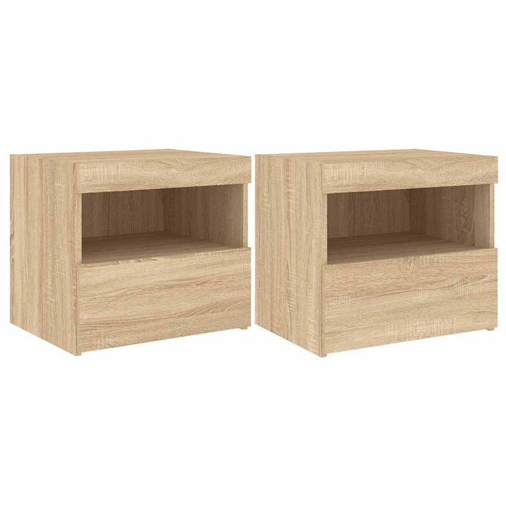 sengeborde 2 stk. med LED-lys 50x40x45 cm sonoma-eg