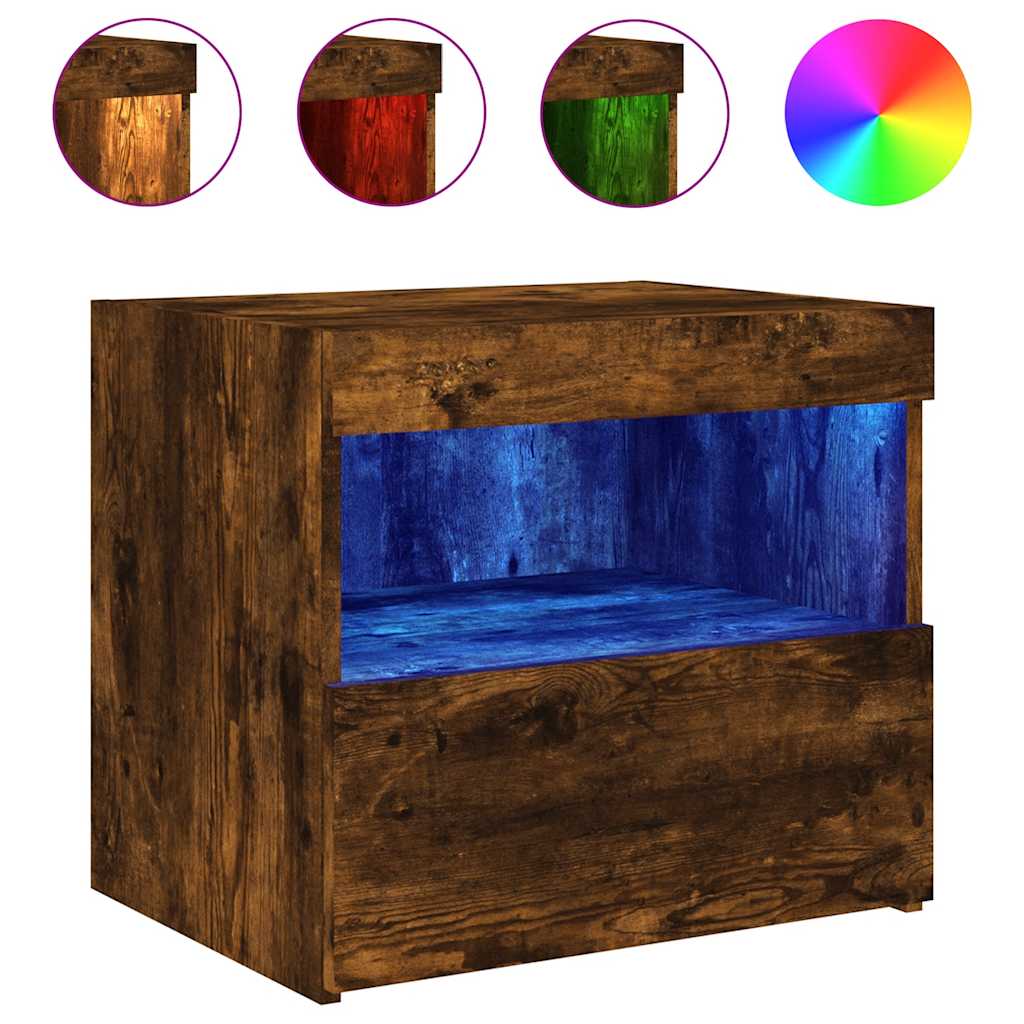 sengebord med LED-lys 50x40x45 cm røget egetræsfarve