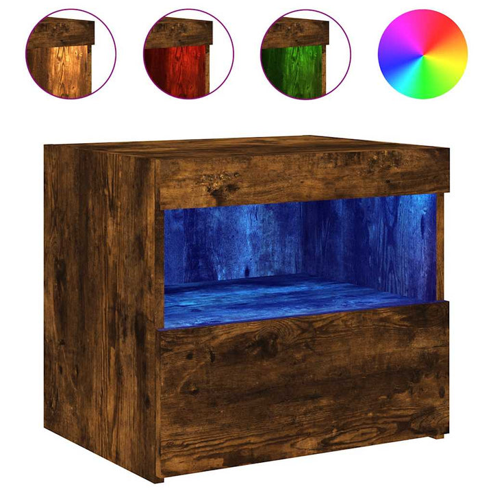 sengebord med LED-lys 50x40x45 cm røget egetræsfarve
