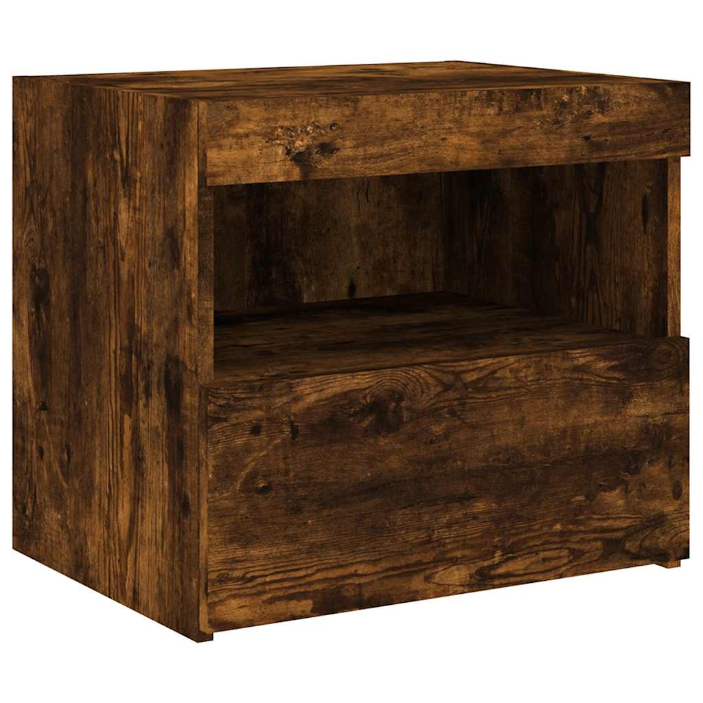 sengebord med LED-lys 50x40x45 cm røget egetræsfarve