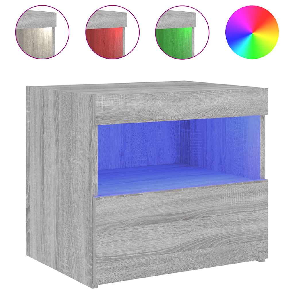 sengebord med LED-lys 50x40x45 cm grå sonoma-eg