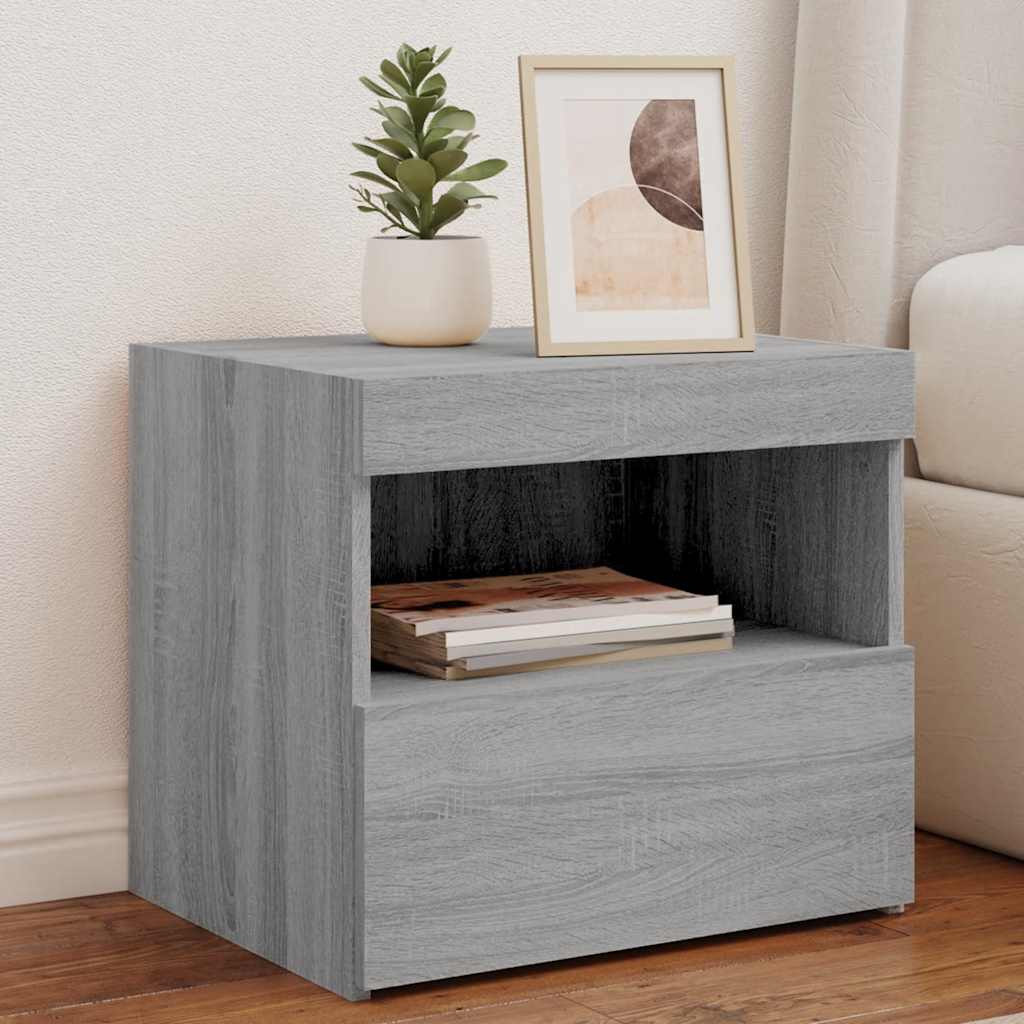 sengebord med LED-lys 50x40x45 cm grå sonoma-eg