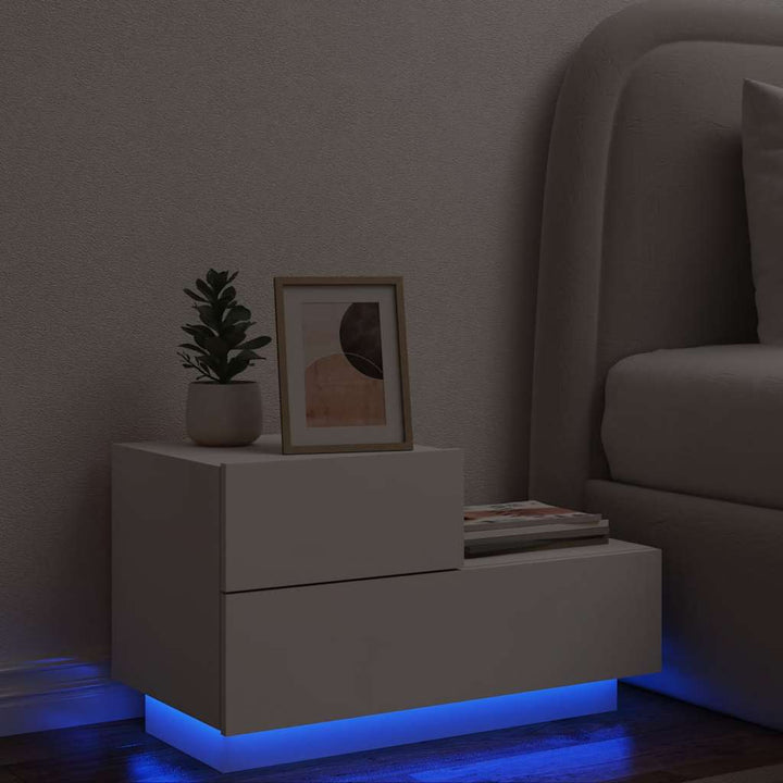 sengebord med LED-lys 70x36x40,5 cm hvid