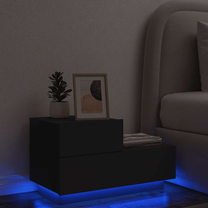 sengebord med LED-lys 70x36x40,5 cm sort