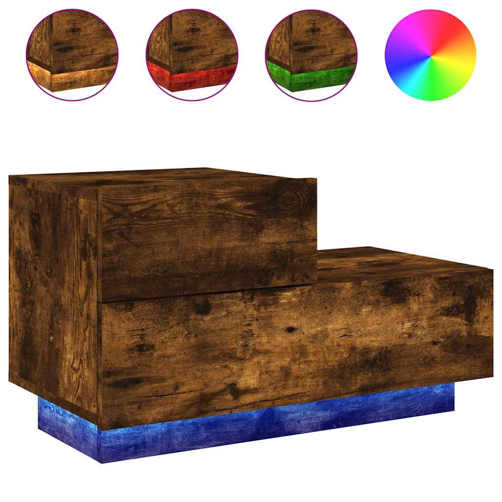 sengebord med LED-lys 70x36x40,5 cm røget egetræsfarve
