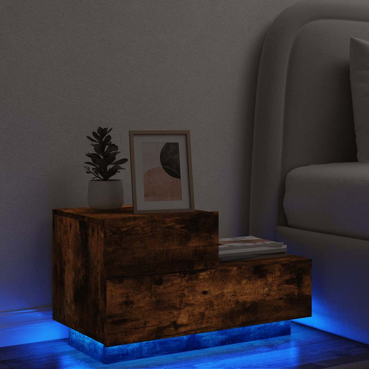 sengebord med LED-lys 70x36x40,5 cm røget egetræsfarve