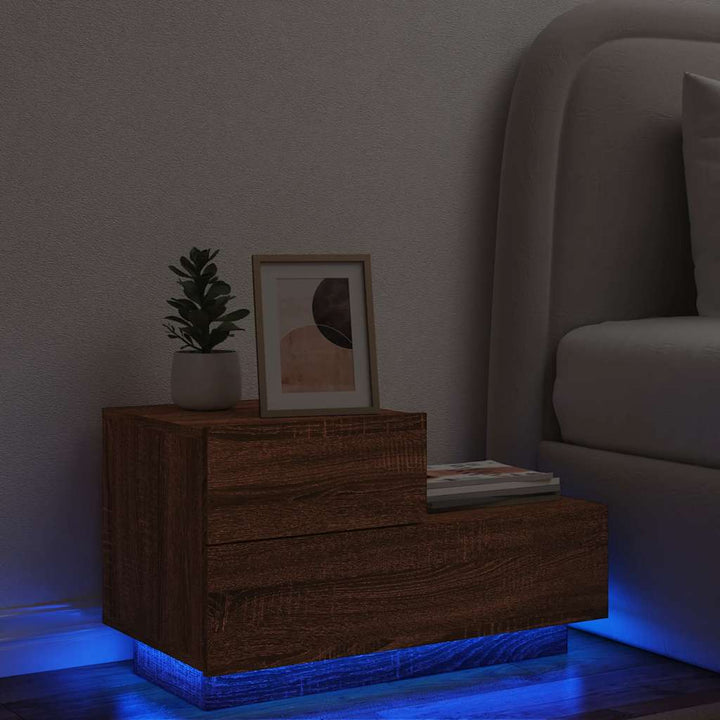 sengebord med LED-lys 70x36x40,5 cm brun egetræsfarve