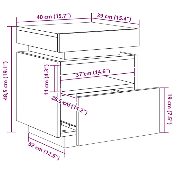 sengebord med LED-lys 40x39x48,5 cm hvid