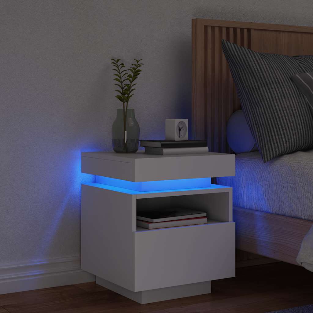 sengebord med LED-lys 40x39x48,5 cm hvid