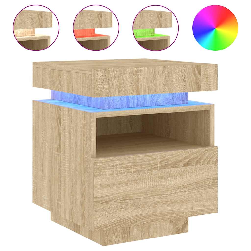 sengeborde 2 stk. med LED-lys 40x39x48,5 cm sonoma-eg
