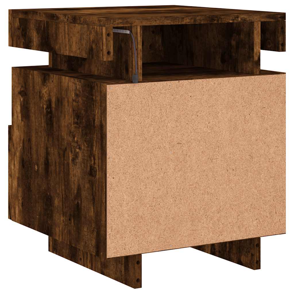 sengebord med LED-lys 40x39x48,5 cm røget egetræsfarve