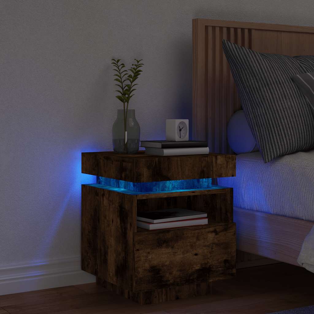 sengebord med LED-lys 40x39x48,5 cm røget egetræsfarve