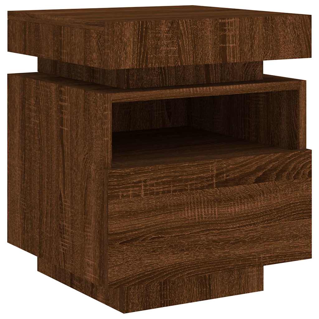 sengebord med LED-lys 40x39x48,5 cm brun egetræsfarve