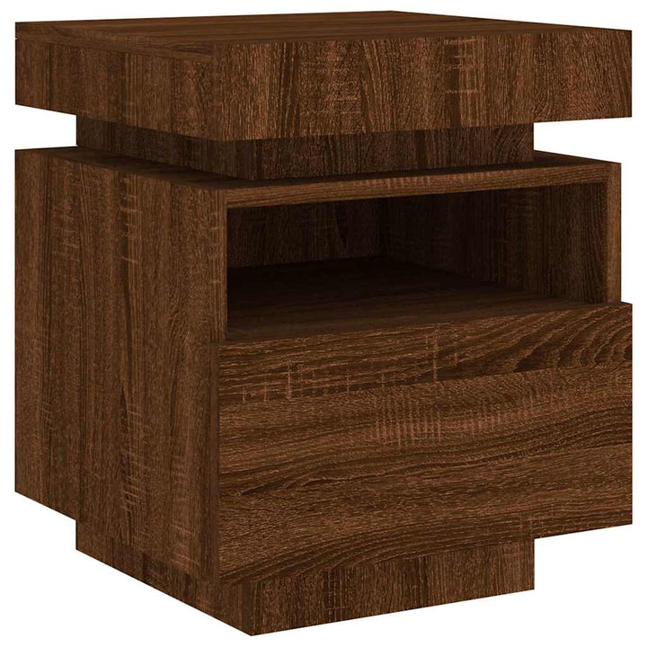 sengebord med LED-lys 40x39x48,5 cm brun egetræsfarve