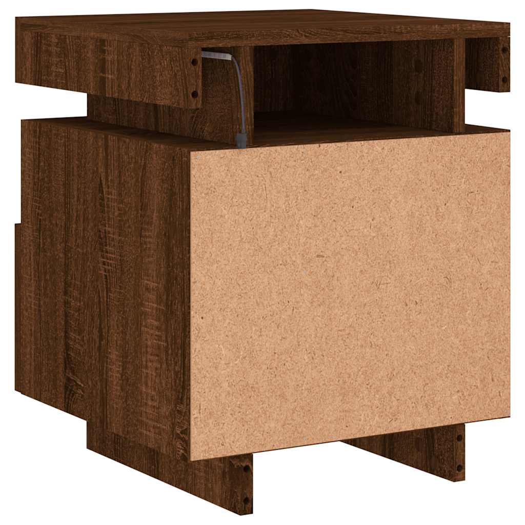 sengebord med LED-lys 40x39x48,5 cm brun egetræsfarve