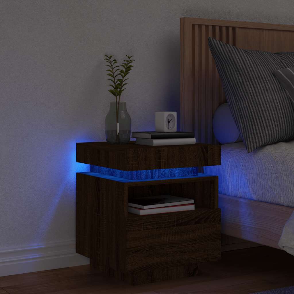 sengebord med LED-lys 40x39x48,5 cm brun egetræsfarve