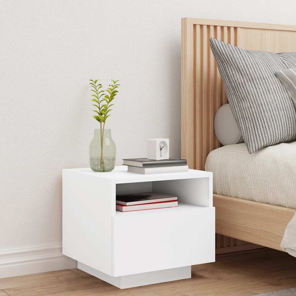 sengebord med LED-lys 40x39x37 cm hvid