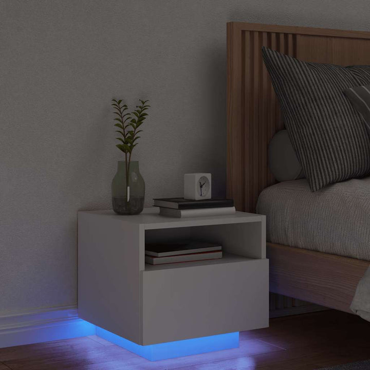 sengebord med LED-lys 40x39x37 cm hvid