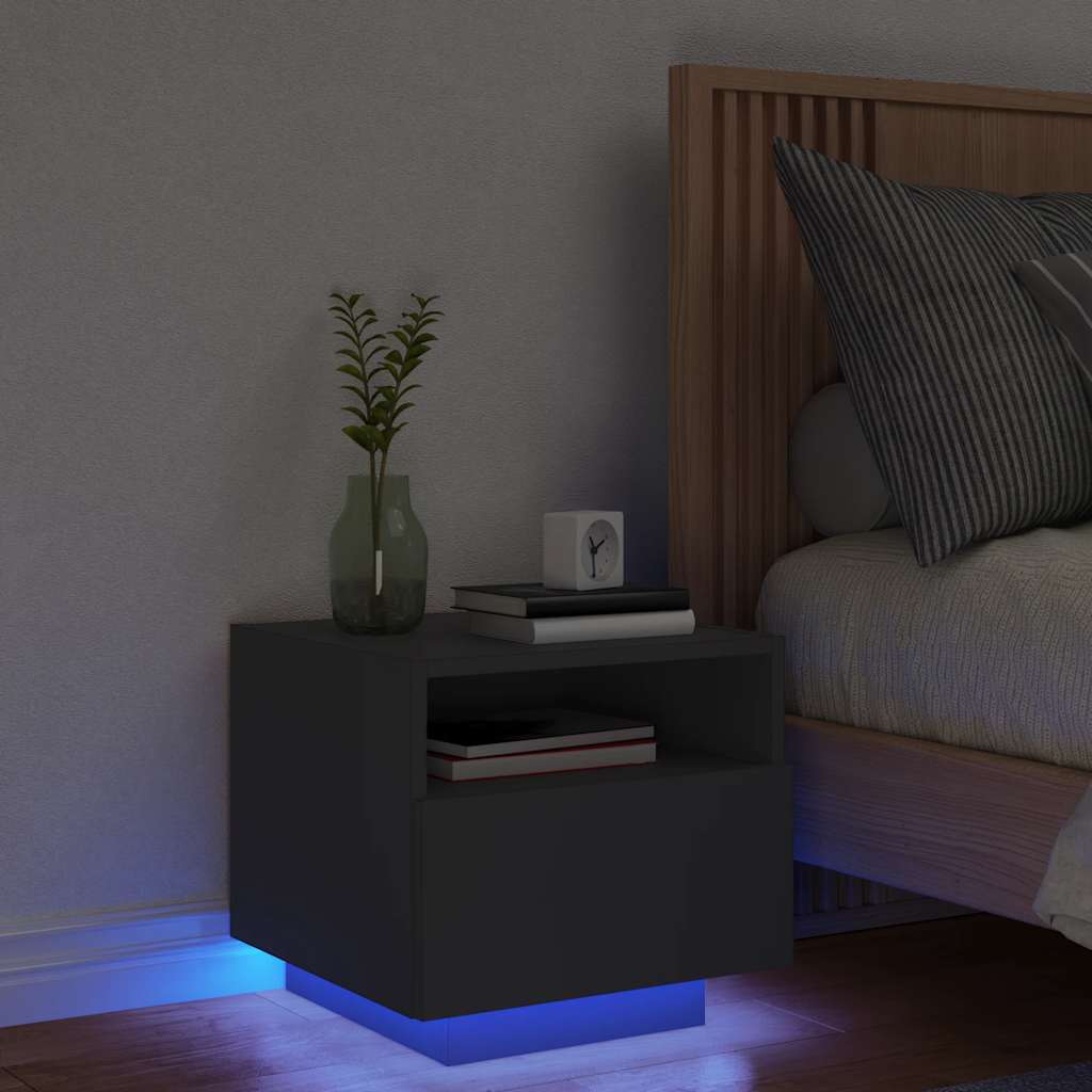 sengebord med LED-lys 40x39x37 cm sort
