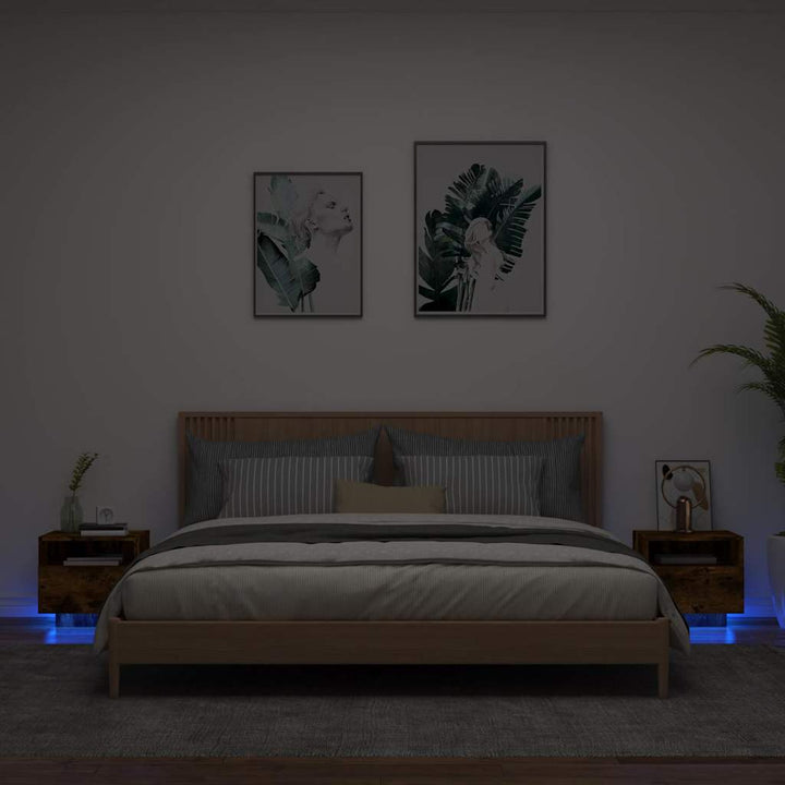 sengeborde 2 stk. med LED-lys 40x39x37 cm røget egetræsfarve