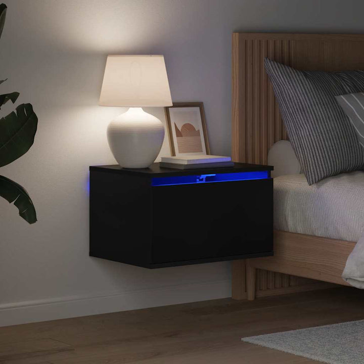 væghængt sengebord med LED-lys sort