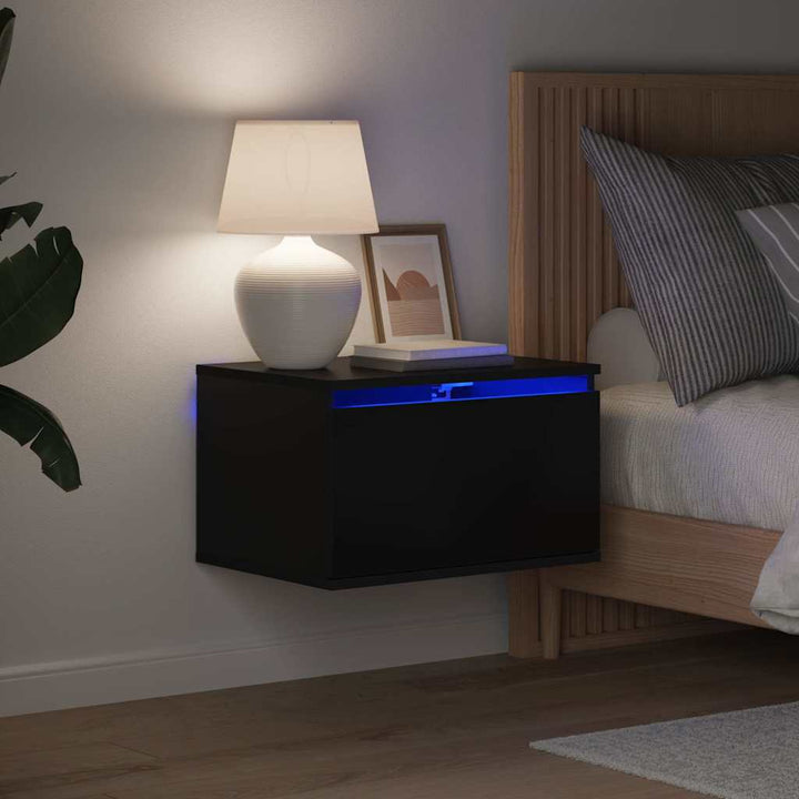 væghængte sengeborde 2 stk. med LED-lys sort