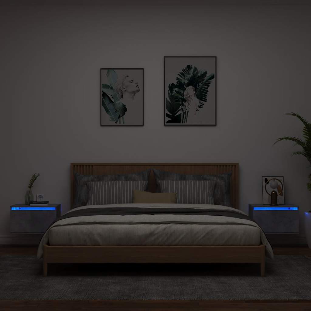 væghængte sengeborde 2 stk. med LED-lys betongrå