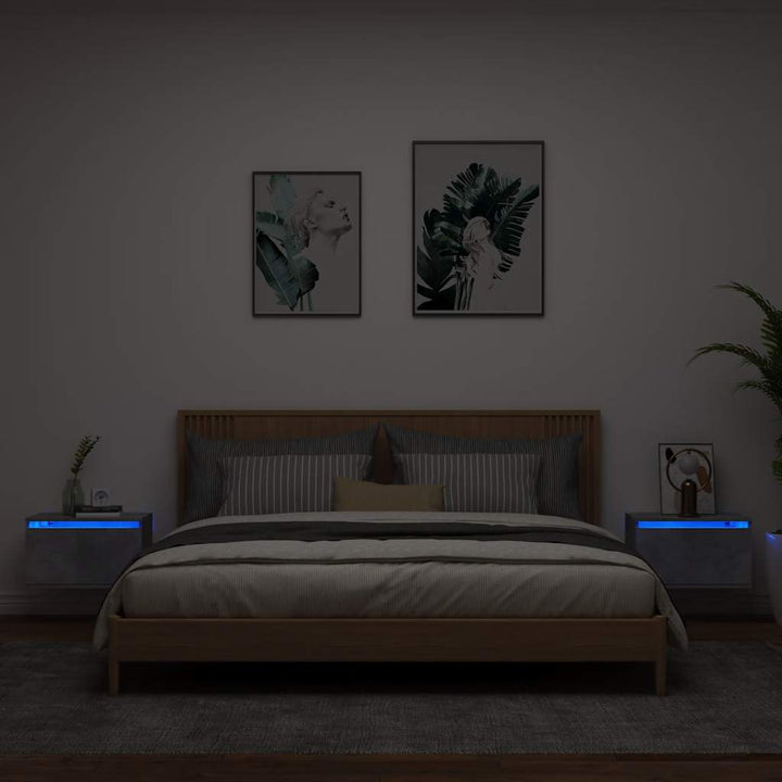 væghængte sengeborde 2 stk. med LED-lys betongrå