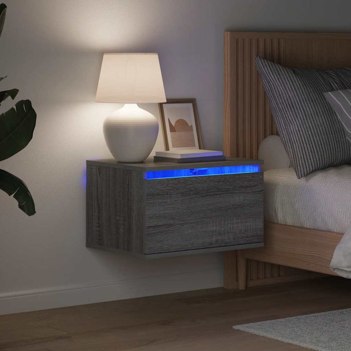 væghængt sengebord med LED-lys grå sonoma-eg