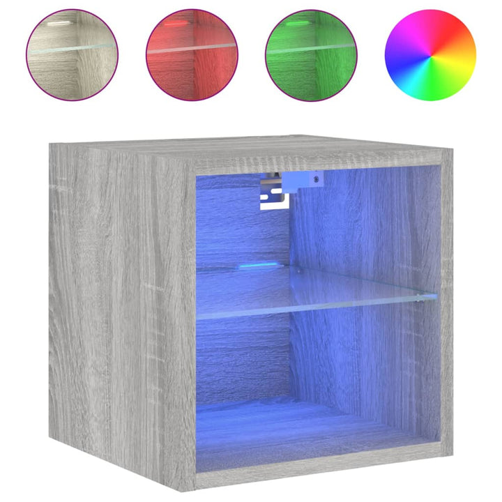 væghængte tv-borde 2 stk. med LED-lys 30x28,5x30 cm grå sonoma