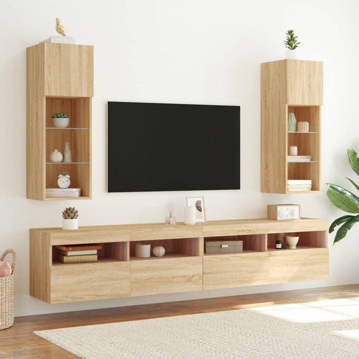 tv-borde 2 stk. med LED-lys 30,5x30x90 cm sonoma-eg
