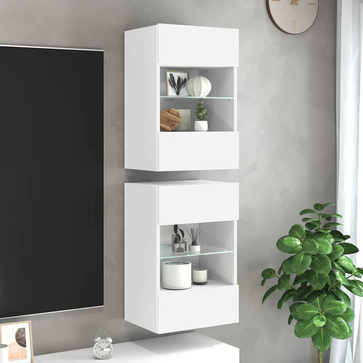 væghængte skabe til TV 2 stk. med LED-lys 40x30x60,5 cm hvid