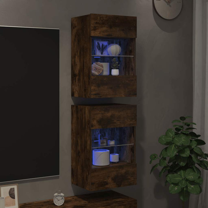 væghængte skabe til TV 2 stk. med LED-lys 40x30x60,5 cm røget eg