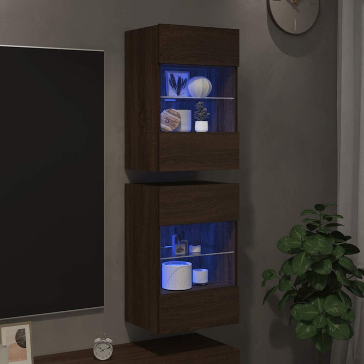 væghængte skabe til TV 2 stk. med LED-lys 40x30x60,5 cm brunt eg