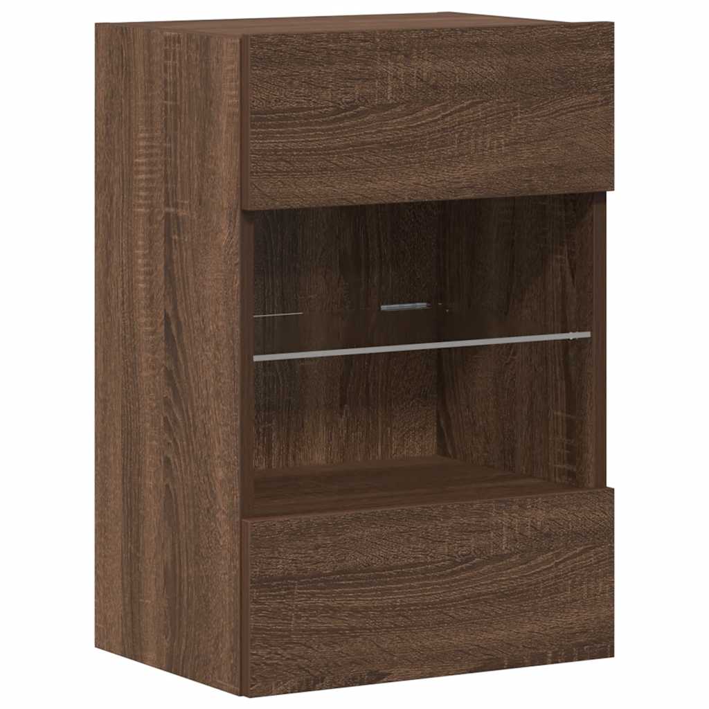 væghængte skabe til TV 2 stk. med LED-lys 40x30x60,5 cm brunt eg