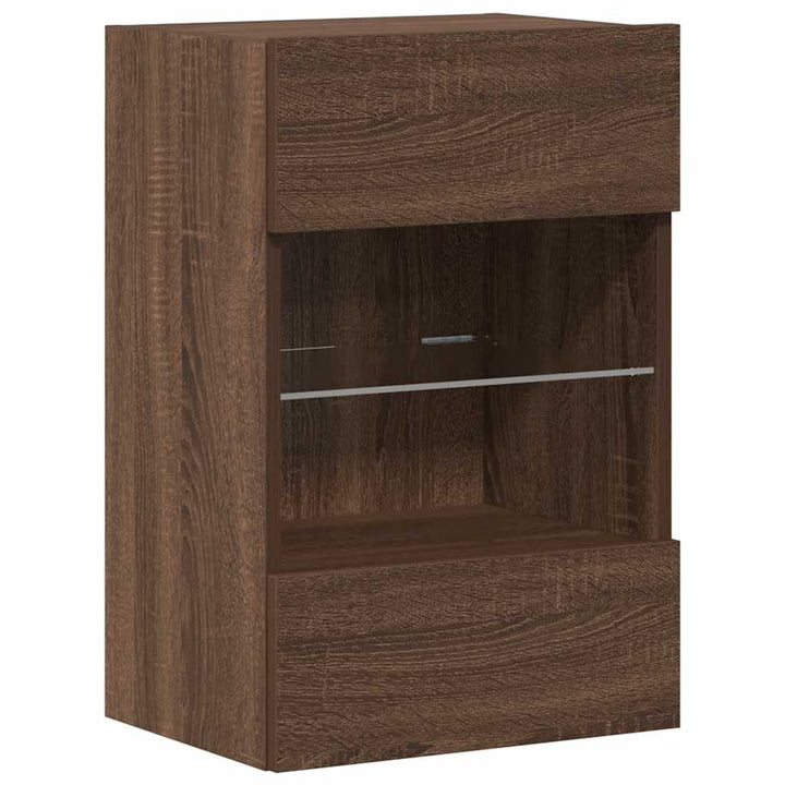 væghængte skabe til TV 2 stk. med LED-lys 40x30x60,5 cm brunt eg