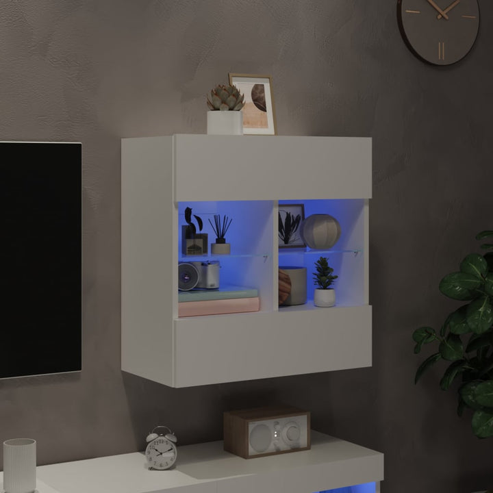 væghængt tv-bord med LED-lys 58,5x30x60,5 cm hvid