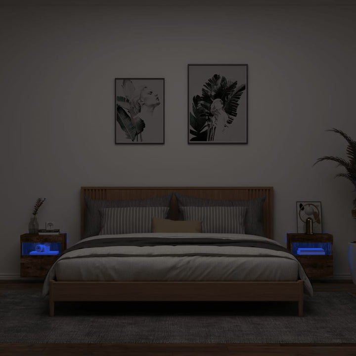 væghængte tv-borde 2 stk. med LED-lys 40x30x40 cm røget eg