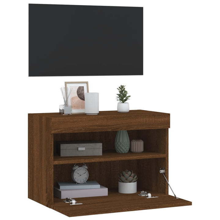 væghængt tv-bord med LED-lys 60x30x40 cm brun egetræsfarve