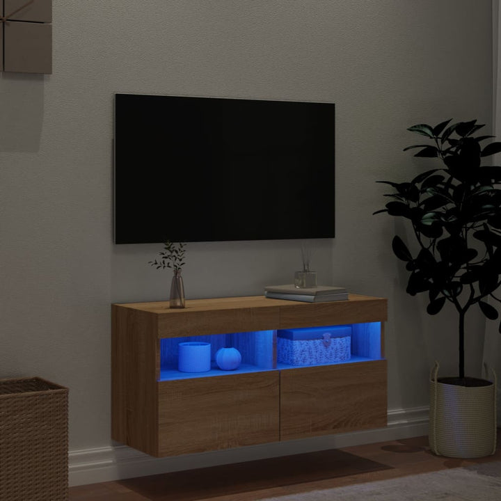 væghængt tv-bord med LED-lys 80x30x40 cm sonoma-eg